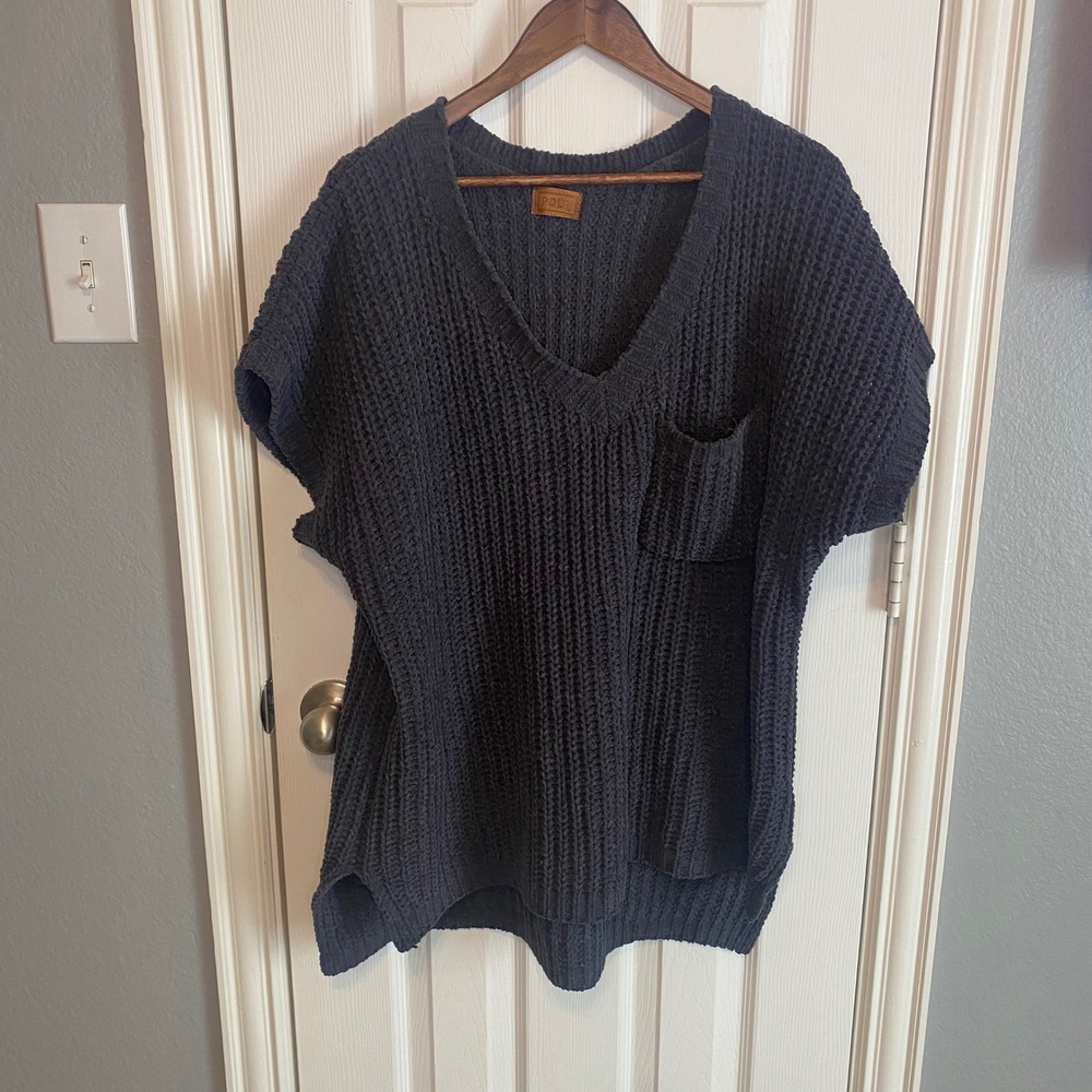 POL Charcoal Gray Chenille Knit V-Neck Oversized Sweater Women's Large Comfy